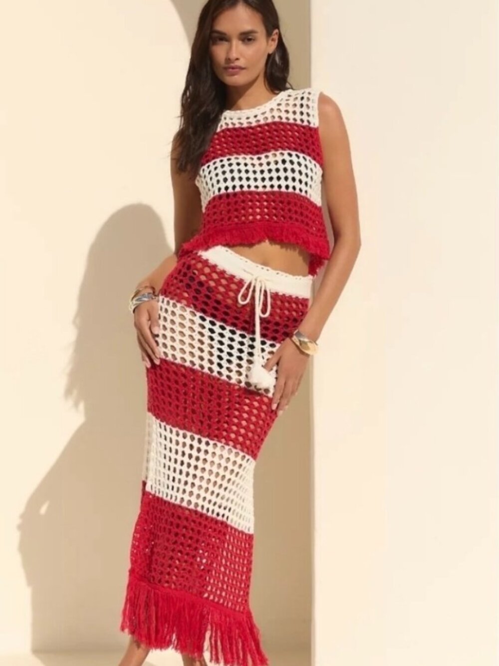 NWOT FARM Rio Red/White Striped Knit Crochet Skirt Set. Size M-Top, Size L-Skirt
